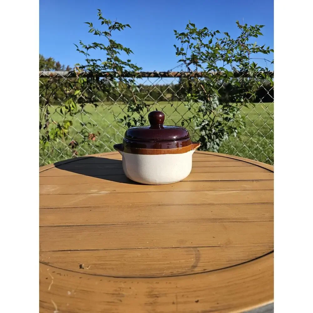 Vintage Brittany Cook N Serve Brown, Tan and White Stoneware Bean Pot with Lid